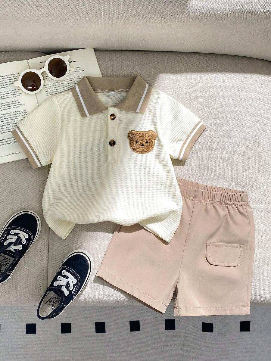 SHEIN Souflis 男嬰春夏季休閒日常外出小紳士學院風 Polo 衫 + 短褲套裝 - 白色 - 查看 1