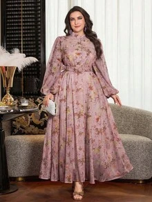Modelyn Đầm nữ cỡ lớn thanh lịch in hoa, thắt eo - Hồng - Xem 3