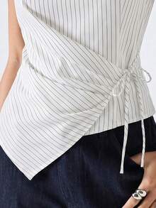 SHEIN EZwear 大尺碼女款條紋針織抓皺繫帶不對稱下擺T恤 - 白色 - 查看 6