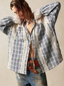 Bohemela Spring/Summer|Women's Casual Woven Vintage Plaid Lace Patchwork Shirt|Daily/Beach/Vacation/Festival/Party|Western|4th Of July|Country Concert|Juneteen - Blue - View 3