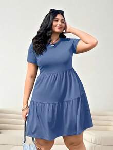 Solflare Plus Size Solid Color Ruffle Hem Round Neck Short Sleeve Summer Dress - Royal Blue - View 5