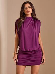 SHEIN BAE Robe mini moulante à col montant sans manches avec dos nu drapé et taille cintrée, violet unicolore, printemps/été pour femmes + coupe sexy et amincissante pour fille à la mode + convient pour les rendez-vous romantiques, les fêtes, les rassemblements, les boîtes de nuit, les sorties quotidiennes + design dos nu style drapé - Prune - Voir 5