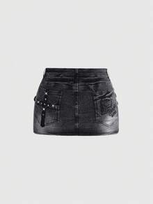 ROMWE Grunge Punk Y2K 2000年代辣妹風骷髏刺繡十字鉚釘超低腰大尺碼女款牛仔迷你裙 灰色 夏季 萬聖節 演唱會 - 黑色 - 查看 1