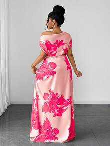 Maweii Plus Size Floral Print One Shoulder Ruched Waist Slimming Outing Vacation Dress - Baby Pink - View 6