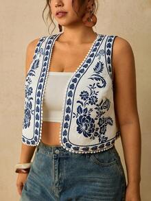 Travachic Plus Size Women's Printed Open Front Casual Bohemian Vintage 1920s Tank Top Blouse Ruffle Party Brunch Vacation Formal Blue And White Summer - Blue and White - View 3