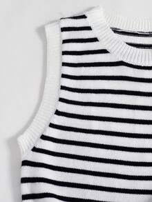 INAWLY Gilet sans manches en tricot à col rond rayé décontracté et polyvalent pour femmes - Nude - Voir 7