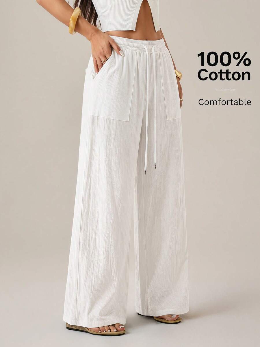 SHEIN PETITE Pantalones casuales sueltos con bolsillos en diagonal y cordón en la cintura de unicolor - Blanco - Ver 1