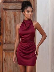 Aloruh Elegantes, sexy Minikleid Einfarbig für Urlaub, Party, Freizeit, Burgunderrot, Satin-Kurzkleid, weinrotes rückenfreies Kleid, Frühlingsoutfit für Damen, Sommerurlaubsoutfit, Valentinstagskleid, Karnevalskostüm für Damen, Strandkleid, elegante Partykleider, Hochzeitsgastkleid für Damen, Geburtstagskleid, Urlaubsoutfit für Damen, Freizeitkleid, Valentinstag - Bordeaux - Übersicht 4
