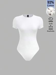 SHEIN BASICS 女款素色極簡百搭圓領短袖連身衣，適合日常穿著 - 白色 - 查看 4