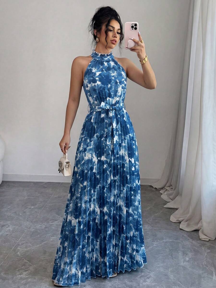Elenzga Non-Positioned Print Pink Ruffle Collar Pleated Waist A-Line Elegant Romantic Women's Dress Print Spring Summer Dress Dating - Multicolor - View 1