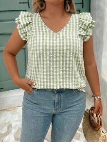 SHEIN CURVE+ Plus Size Women's Casual Polka Dot Print Ruffle V-Neck Blouse, Summer - Green - View 4