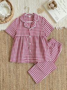SHEIN 青少年女孩簡約優雅紅色格紋短袖上衣與長褲休閒舒適兩件式居家服套裝 - 紅色 - 查看 9