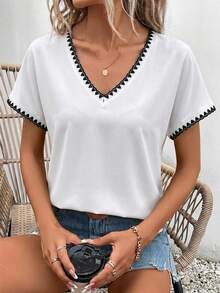SHEIN Frenchy 休閒極簡白色女款T恤 95%棉 適合夏季 - 白色 - 查看 4
