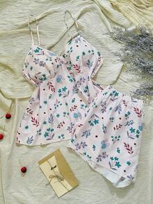 CottageSlumber 2pcs/Set Conjunto de Pijama Talla Grande con Estampado de Plantas, Efecto Visual de Cintura Ceñida, Camisola & Pantalones Cortos - Multicolor - Ver 4