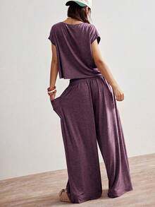 Bohemela Casual Boho Solid Color Knit Round Neck Loose T-Shirt Low Waist Loose Wide Leg Long Pants Women's 2 Pieces Set Travel Dusty Purple Summer - Dusty Purple - View 2
