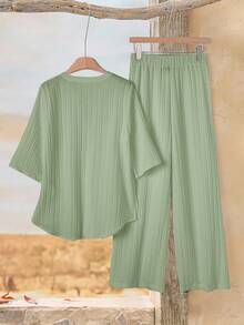 Rusticease Daily Casual Solid Color Shirt And Long Pants Set Vacation Sage Green Summer - Green - View 2