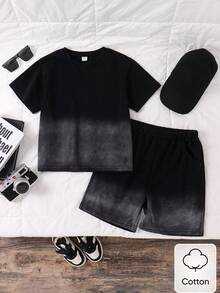 SHEIN 男童(大碼)街頭風休閒雪花紮染圓領短袖T恤與短褲2件組，夏季套裝，優雅穿搭，適合外出、度假、觀光、拍照，2026春夏新款時尚，日常、校園及其他場合 - 灰色 - 查看 5