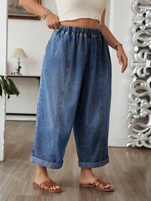 SHEIN CURVE+ 大尺碼女款彈性腰口袋寬腿休閒寬鬆可愛時尚牛仔褲 秋季穿搭 通勤 外出 夜店 海灘 正式場合 度假 藍色 - 深色水洗藍 - 查看 4