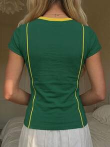 Tween Girl Slim Fit Casual Active Minimalist Comfortable Round Neck Tight Long Length Short Sleeve T-Shirt Suitable For Summer Green - Multicolor - View 2