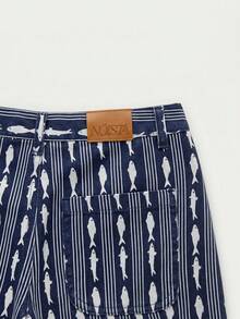 Nöista Wide-Leg Pants In A Fishes And Stripes Printed Fabric With A Mid-Rise Waistband, Button Closure, Front Pockets. Spring, Summer, Music Festival. - Royal Blue - View 8