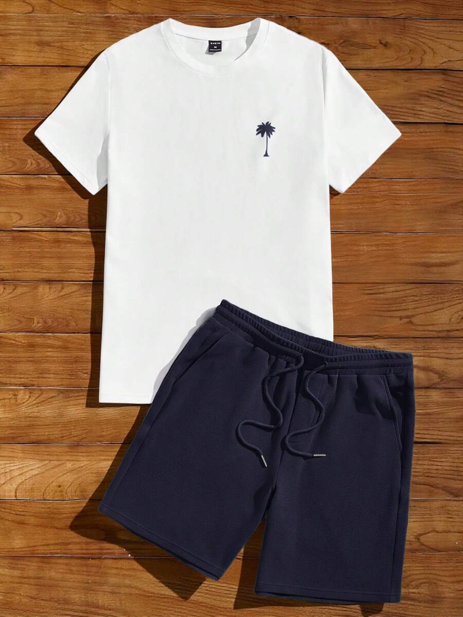 Manfinity RebelGame Men's Casual Solid Color Tree Pattern Crew Neck Short Sleeve T-Shirt And Drawstring Waist Shorts Set - Blue - View 1