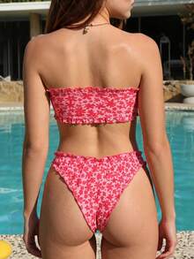 Swim Mod Conjunto de Bikini de Dos Piezas con Nudo Fruncido Delantero y Estampado Floral Pequeño Estilo Vacaciones de Verano en la Playa para Mujer - Multicolor - Ver 2