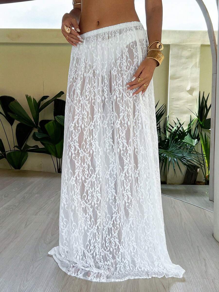 Opulessa Gonna copricostume trasparente con vita elastica in pizzo per vacanze estive da donna - Bianco - Visualizzare 1