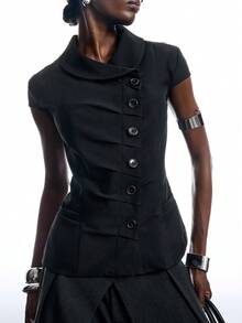 LYSMO Blazer de mujer de unicolor con manga corta, diseño asimétrico superpuesto y botones - Negro - Ver 8