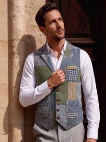 Officeau Chaleco de hombre estilo Old Money azul con patchwork y contraste de color, para negocios formal/noche - Azul - Ver 9