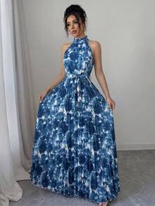 Elenzga Non-Positioned Print Pink Ruffle Collar Pleated Waist A-Line Elegant Romantic Women's Dress Print Spring Summer Dress Dating - Multicolor - View 5