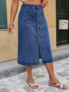 EMERY ROSE Mature Denim 大尺碼女款高腰單排扣口袋設計休閒牛仔裙 - 深色水洗藍 - 查看 4
