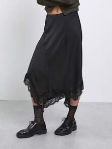 COUREZ Low Rise Asymmetric Satin Midi Skirt With Lace Hem/Y2K Classy Elegant Sexy Autumn Outfits For Women Going Out Brunch Birthday Party Night Rave Black - Black - View 7