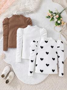 SHEIN LMoss Kids 少女秋冬休閒百搭假領泡泡長袖愛心印花修身T恤3件組 - 彩色 - 查看 5