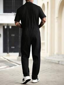 Manfinity CasualCool 男士休闲纯色抽绳腰带纹理短袖连体裤，夏季 - 白色 - 查看 2