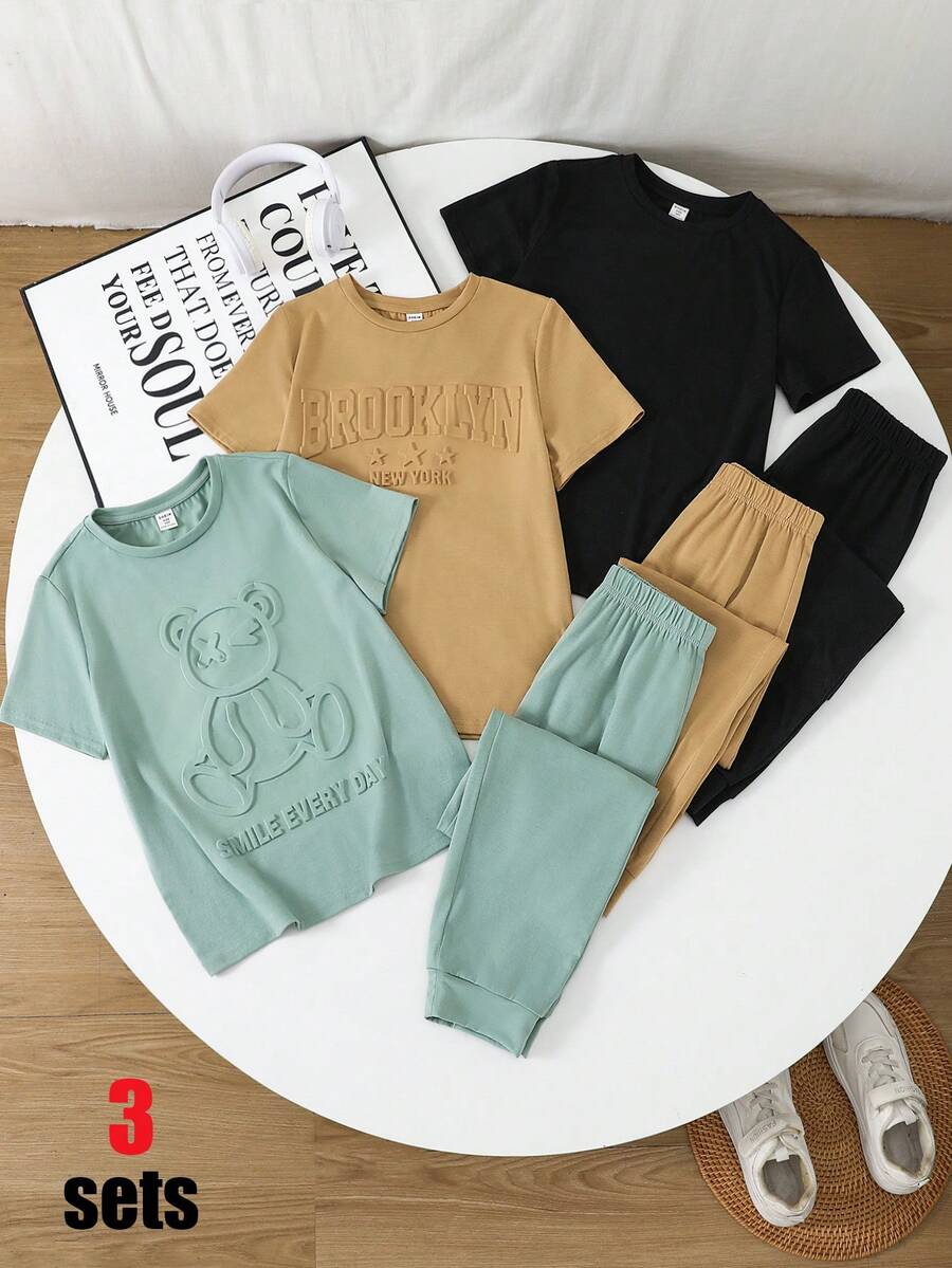 SHEIN 3套買3送3兒童青少年男童休閒舒適百搭圓領寬鬆T恤慢跑褲多件套裝，運動套裝，Y2K套裝，基礎套裝，基礎上衣，男童套裝兒童套裝，適合春夏季，外出，情人節，約會，旅行，度假，家庭聚會，開學，婚禮季，晚間派對，運動，生日派對