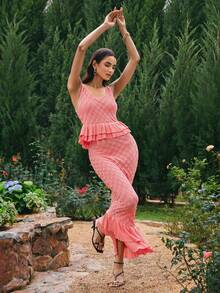 VOLUPTÉ CURVE Plus Size Summer Pink Knit Round Neck Sleeveless High Waist Bodycon Ruffle Hollow Edge Fashionable Two Piece Set For Wedding Guest Brunch - Khaki - View 6