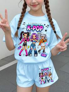 Tween Girl Round Neck Letter Cartoon Print Short Sleeve T-Shirt, Suitable For Holidays, Parties And Daily Wear - Multicolor - View 1
