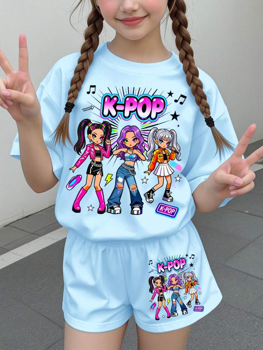Tween Girl Round Neck Letter Cartoon Print Short Sleeve T-Shirt, Suitable For Holidays, Parties And Daily Wear - Multicolor - View 1