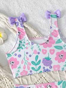 SHEIN Young Girl Multicolor Floral Print 3D Bow Decor Tank Top And Triangle Bottom Swimsuit Set - Purple - View 4