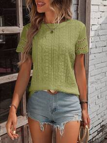 EMERY ROSE Eyelet Embroidery Scallop Trim Tee - Green - View 5