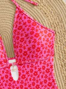 Swim Mod Baju Renang Wanita Musim Panas untuk Liburan Pantai, Motif Bunga Merah Muda, Tali Bahu Tipis, Potongan Segitiga, Tanpa Punggung, Seksi, Potongan Tinggi, Terusan, Tanpa Lengan, - Berwarna merah muda - View 4