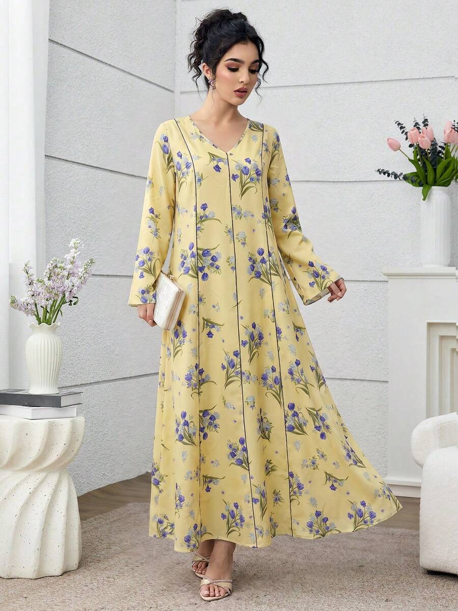 Al Najma Women's Floral Print V-Neck Long Sleeve Arabian Dress - Yellow - View 1