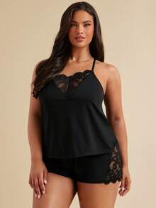 SHEIN BAE CURVE Plus Contrast Lace PJ Set / Pajama Set - Black - View 3