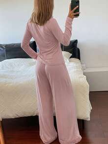 DAZY 2pcs/Set Women's Pajama Set, Lace Patchwork Comfortable Knit Long Sleeve Cardigan Top And Straight Leg Long Pants - Pink - View 2