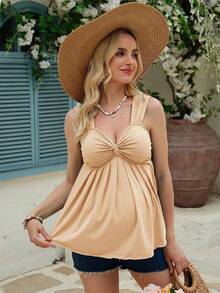 SHEIN Maternity Solid Color Twist Design Casual Wide Strap Tank Top - Apricot - View 4