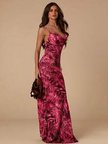 SHEIN BAE Women's Cowl Neck Animal Print Fitted Fashionable Spaghetti Strap Dress - Hot Pink - View 4