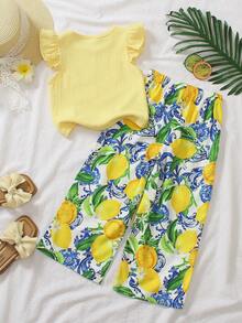 SHEIN Elladie kids 2件裝少女暖色系度假夏季海灘玩樂黃色紋理荷葉袖背心上衣與檸檬藍白瓷印花鬆緊腰寬腿褲套裝，適合度假、旅行、海灘、週末野餐、開學、春夏季 - 黃色 - 查看 2