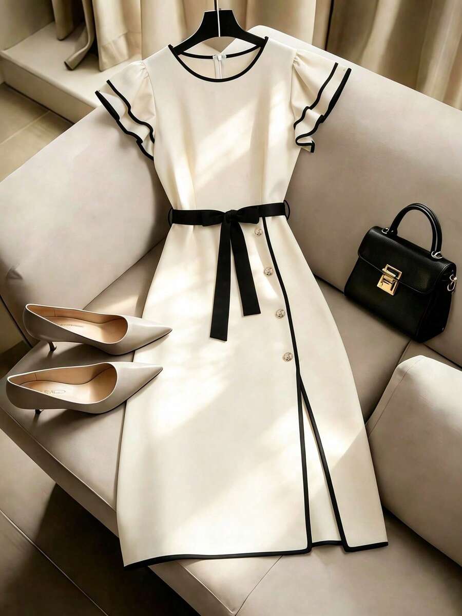 Franclia New Arrival Fashionable & Elegant Contrast Color Asymmetrical Hem Dress - Apricot - View 1