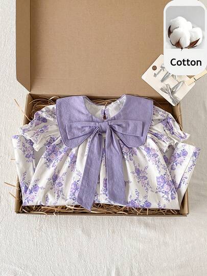 PrepCrw 1 Pc Kids Baby Girl Elegant Casual Cute Exquisite Comfortable Versatile Loose Purple Ditsy Floral Large Collar Bow Decor Puff Sleeve Dress Suitable For Daily Wear, Outings, Travel, Gatherings, Holiday Parties, Spring And Summer