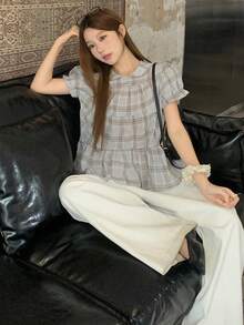 DAZY 女款格紋領韓風休閒清新春夏襯衫度假可愛上衣 - 灰色 - 查看 5
